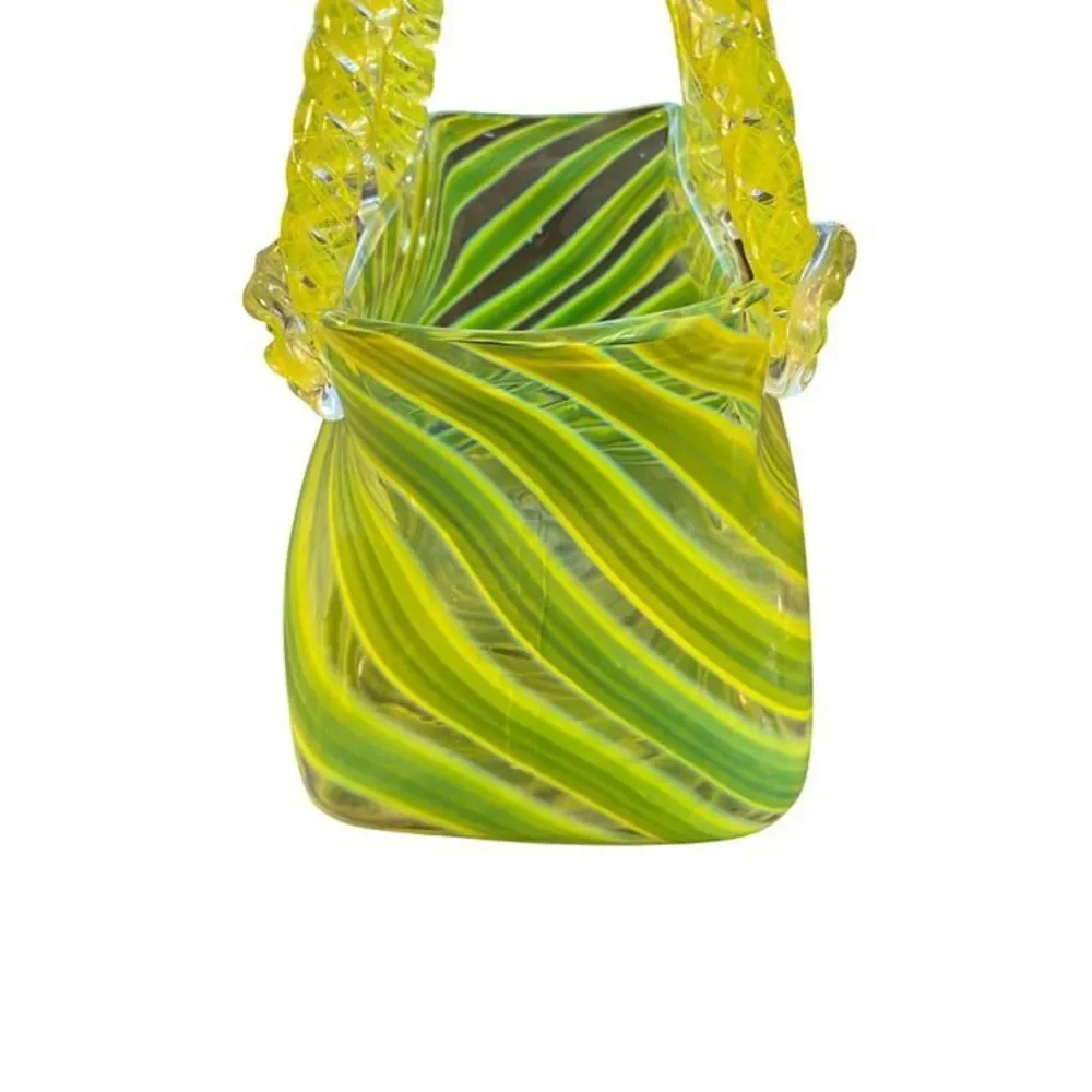 Handblown Glass Tote-Style Decorative Bag With Green & Yellow Swirl Design